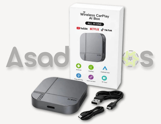 AI Box universal car adapter box showing wireless CarPlay and Android Auto features