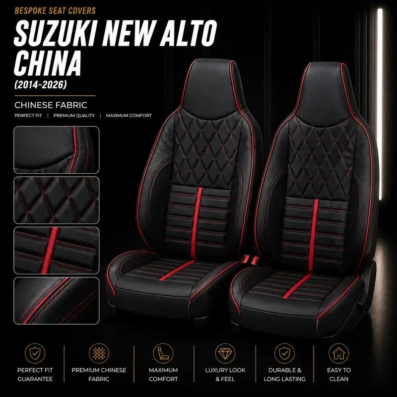 Premium bespoke seat cover made from high-quality Chinese automotive upholstery material for Suzuki Alto 2014–2026