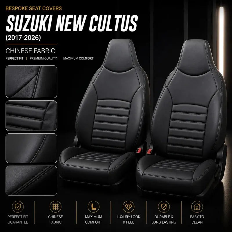 Premium bespoke seat cover made from high-quality Chinese automotive upholstery material for Suzuki New Cultus 2017–2026