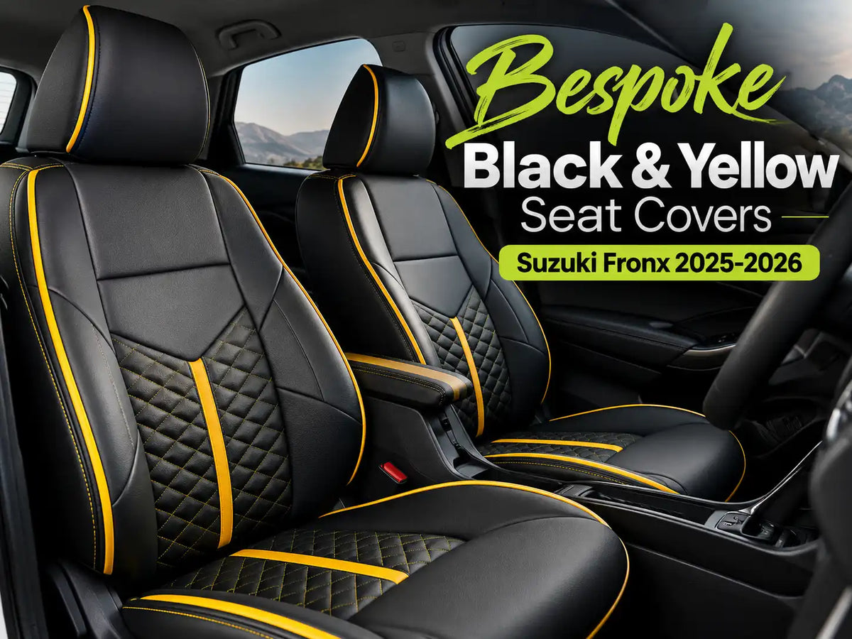 Full interior view of black and yellow bespoke seat covers in Suzuki Fronx