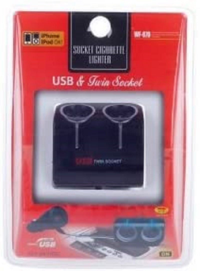 Universal Dual Plug 2-Way Car Socket Splitter with USB Port Charger Adapter
