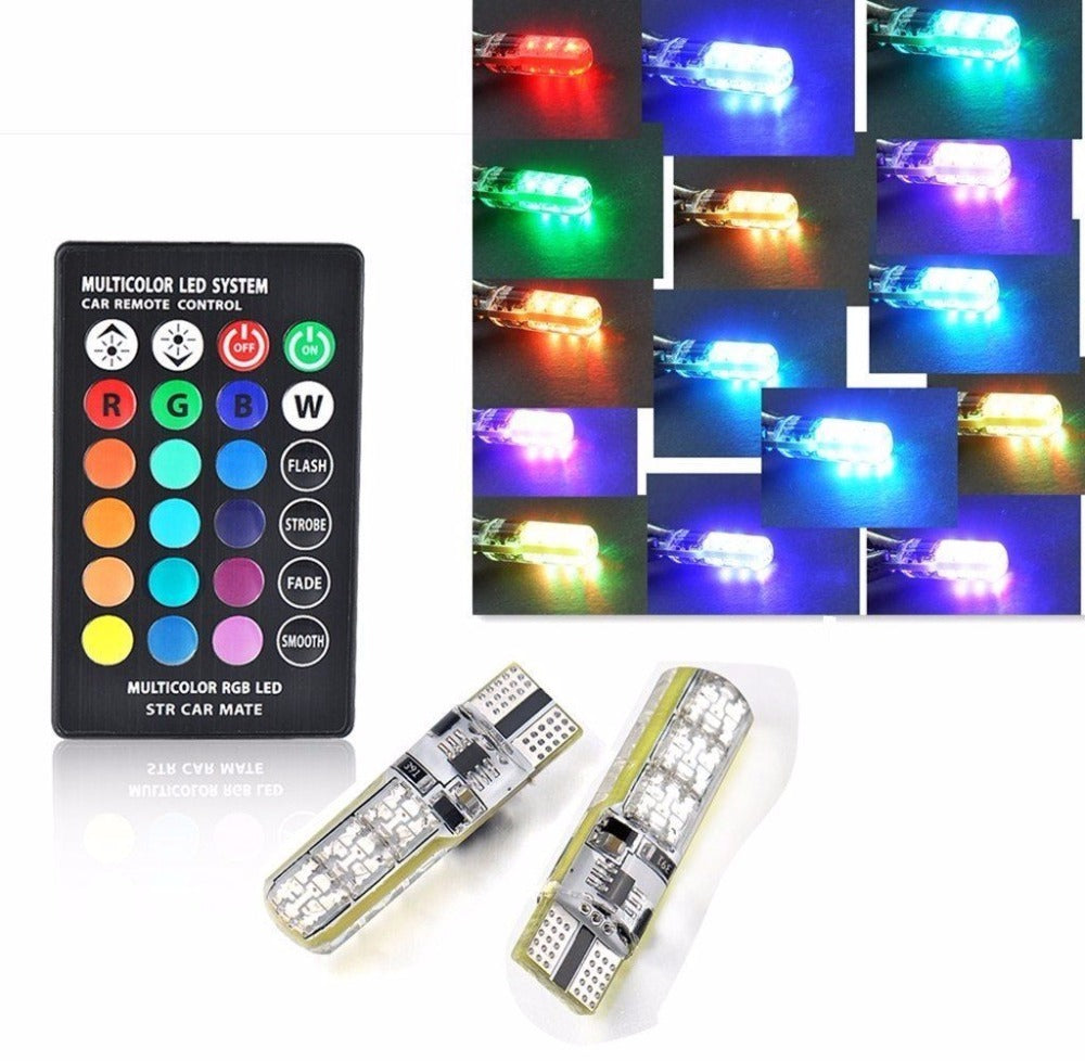 2-Pack RGB T10 LED Car Parking Lights with Remote Control