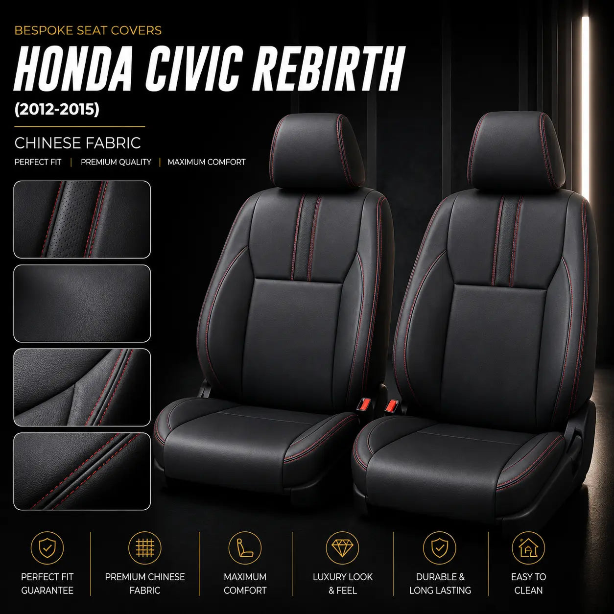 Honda Civic Rebirth 2012-2015 black seat covers with red stitching, premium Chinese fabric