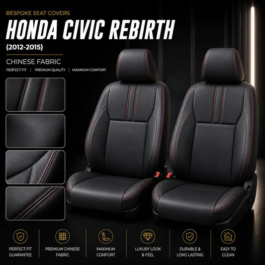 Honda Civic Rebirth 2012-2015 black seat covers with red stitching, premium Chinese fabric