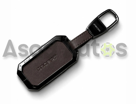 Gun Brown leather metal key cover for Jaecoo J5 with carabiner keychain