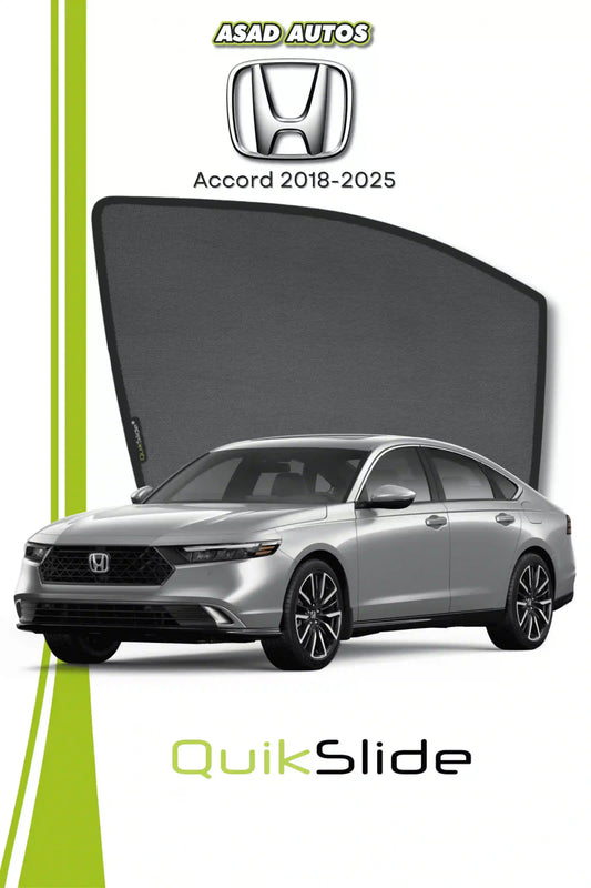 QS QuikSlide custom fit window sun shades installed on Honda Accord VIP Sedan 2018-2025 for UV protection, heat reduction, and privacy