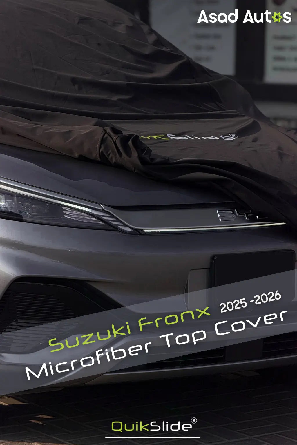 Front view of QuikSlide top cover on Suzuki Fronx bonnet and windscreen