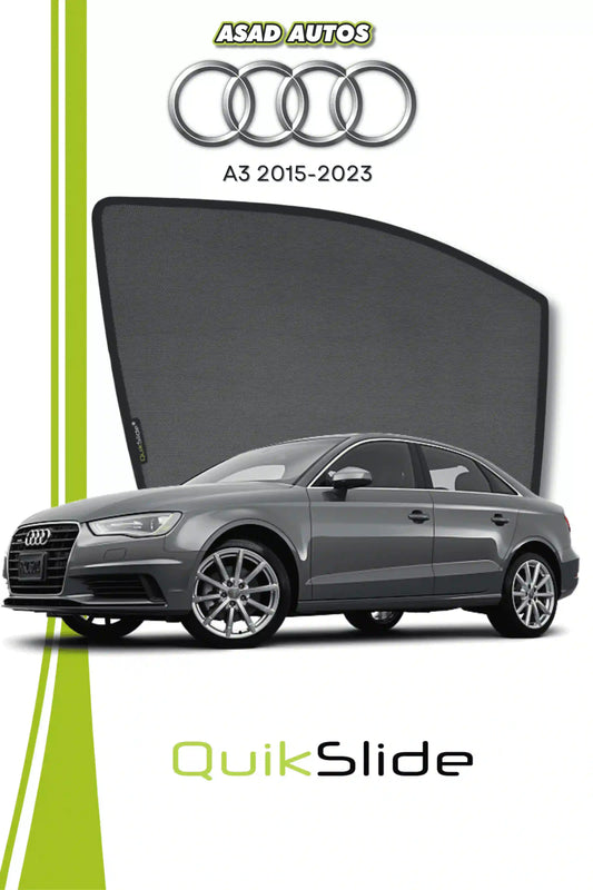 QS QuikSlide custom fit window sun shades installed on Audi A3 2015-2023 sedan side window