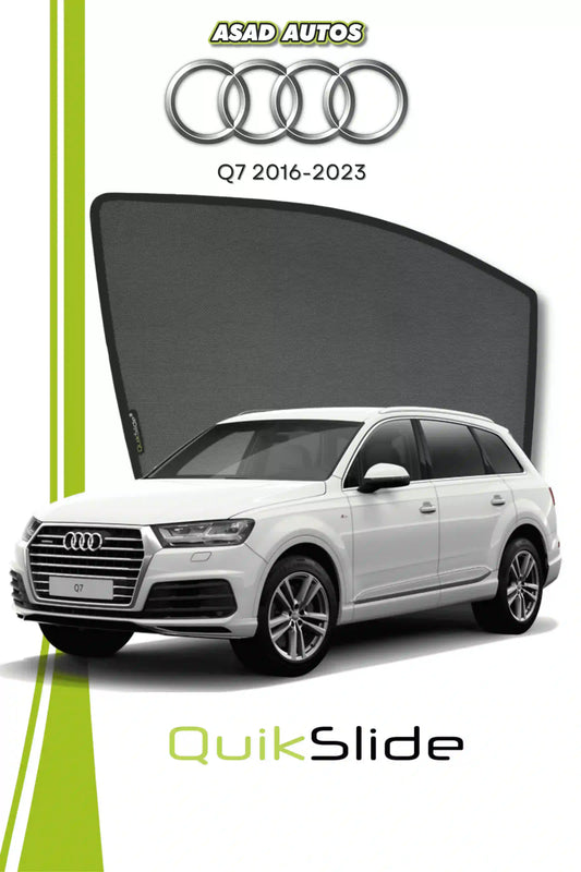 QS QuikSlide custom fit window sun shades installed on Audi Q7 2016-2023 SUV side window