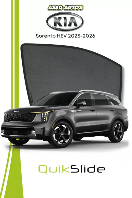 QS QuikSlide custom fit window sun shades installed on Kia Sorento HEV 2025-2026 side window