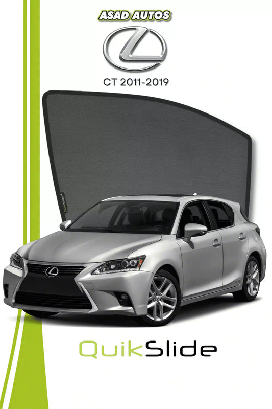 QS QuikSlide custom fit window sun shades installed on Lexus CT 2011-2019 hatchback side window