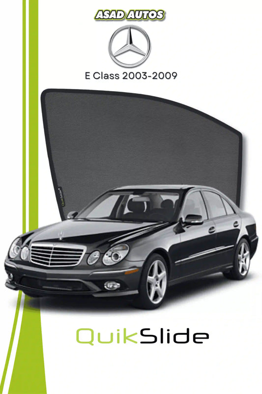 QS QuikSlide custom fit window sun shades installed on Mercedes E-Class 2003-2009 sedan side window
