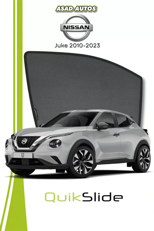 QS QuikSlide custom fit window sun shades installed on Nissan Juke 2010-2023 crossover side window