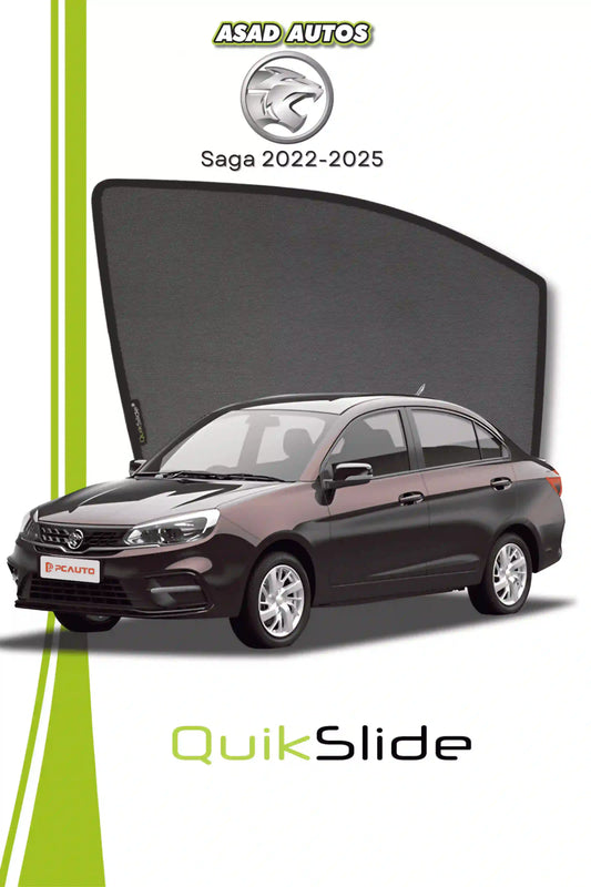 QS QuikSlide custom fit window sun shades installed on Proton Saga 2022-2025 sedan side window