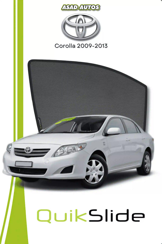 QS QuikSlide custom fit window sun shades installed on Toyota Corolla 2009-2013 sedan side window