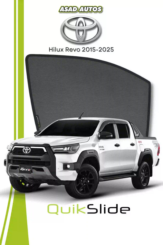 QS QuikSlide custom fit window sun shades installed on Toyota Hilux Revo 2015-2025 side window