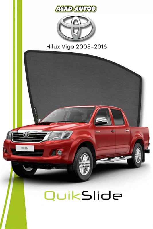 QS QuikSlide custom fit mesh sun shades installed on Toyota Hilux Vigo 2005-2016 pickup side window