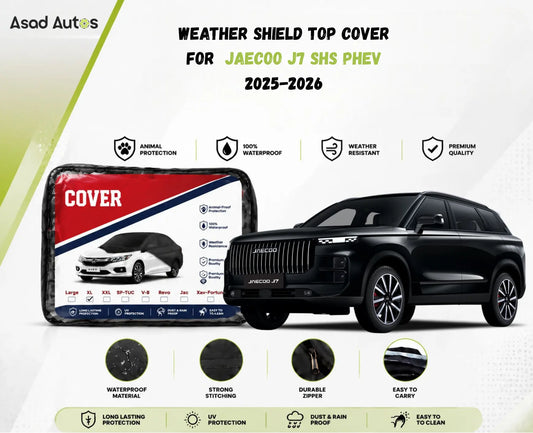 Weatherproof paint-safe fabric close-up of weather shield top cover for Jaecoo J7 SHS PHEV 2025-2026 sun rain and dust protection - Asad Autos