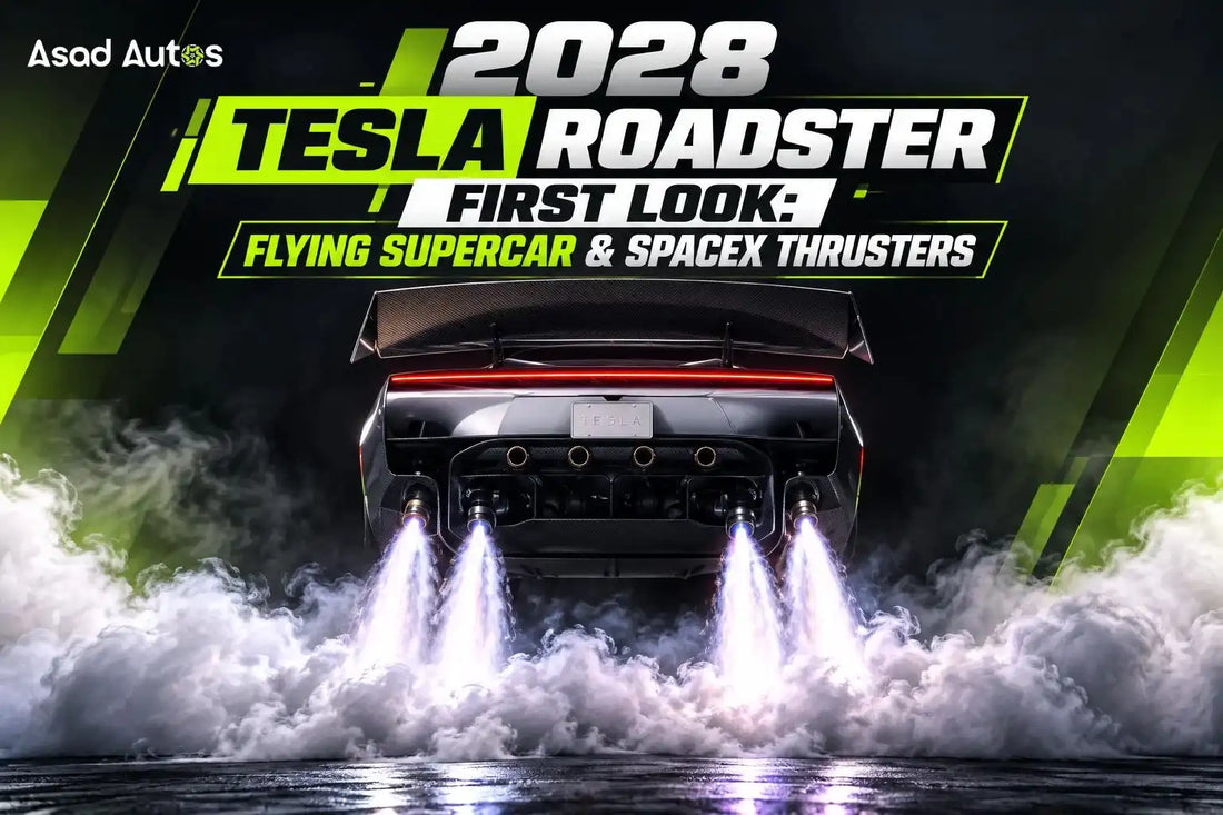 2028 Tesla Roadster flying supercar concept featuring futuristic design and SpaceX thruster technology