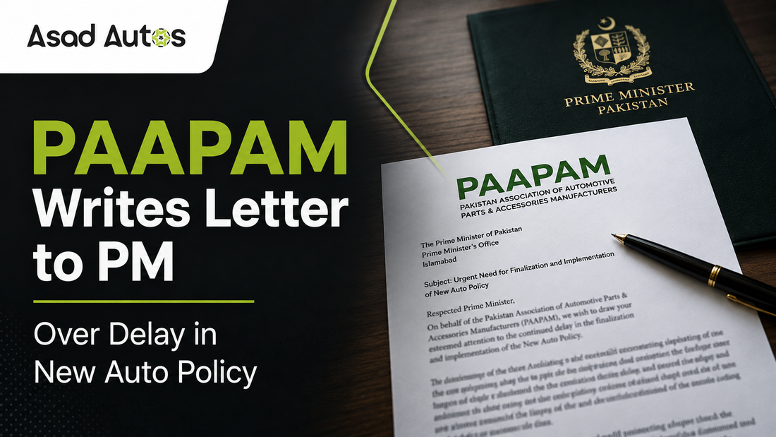 PAAPAM writes letter to Pakistan Prime Minister over delay in new auto policy with Asad Autos news banner featuring official document and automotive industry update