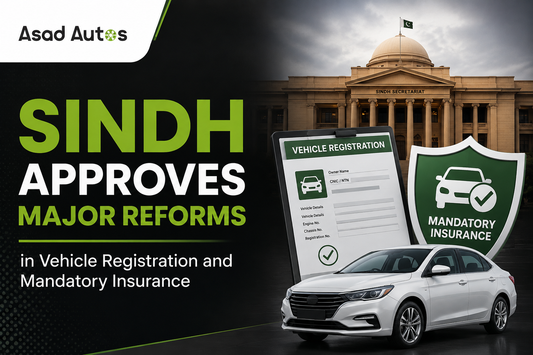 Sindh approves major reforms in vehicle registration and mandatory insurance with Asad Autos news banner featuring Sindh Secretariat, car registration form, insurance shield, and sedan.