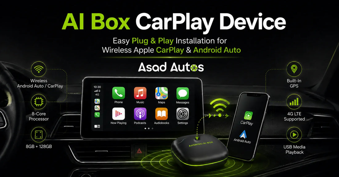 AI Box CarPlay device with wireless Apple CarPlay and Android Auto installation in a modern car dashboard by Asad Autos