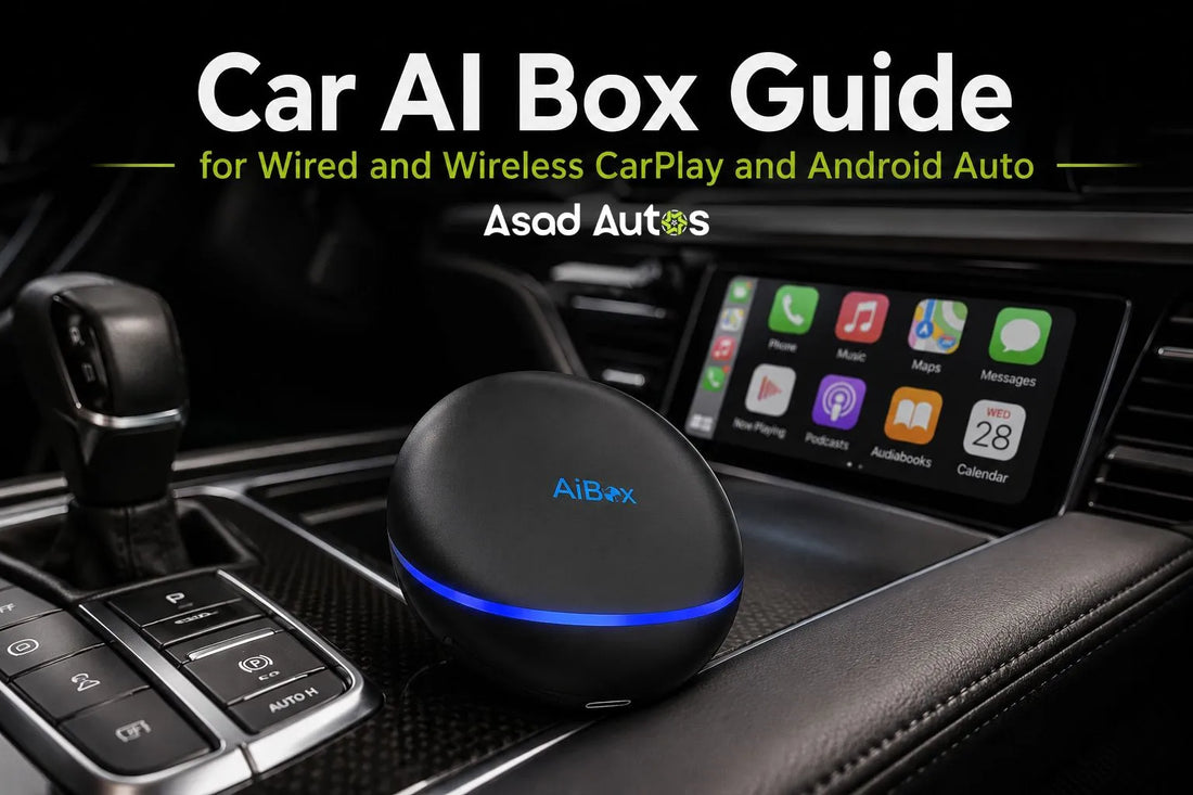 AI Box for car guide showing wired and wireless CarPlay and Android Auto setup