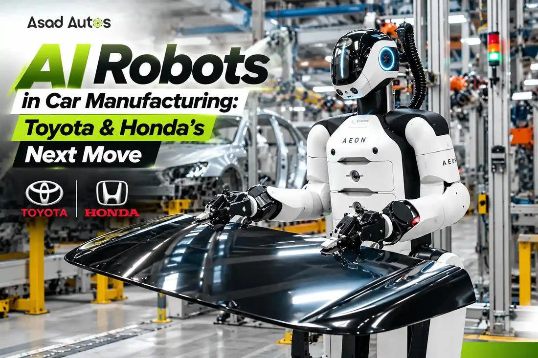 AI robots in car manufacturing, showing a humanoid robot handling a car body panel in an automotive factory, highlighting Toyota and Honda’s next move in automotive automation.