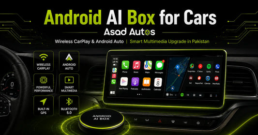 Android AI Box for cars featuring Wireless Apple CarPlay, Android Auto, built-in GPS, Bluetooth connectivity, and smart multimedia functionality displayed in a premium automotive dashboard environment by Asad Autos.