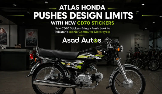 Atlas Honda CD70 with new sticker design in a modern motorcycle showroom.