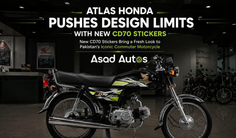 Atlas Honda CD70 with new sticker design in a modern motorcycle showroom.