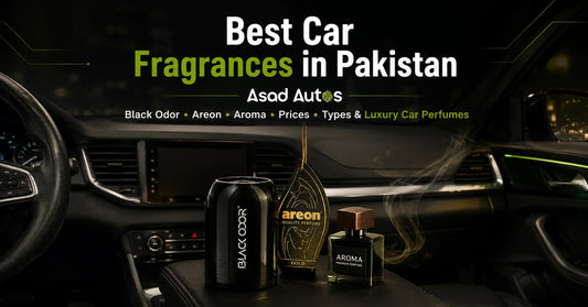 Best car fragrances in Pakistan featuring Black Odor, Areon, and Aroma luxury car perfumes displayed inside a premium automotive interior with elegant ambient lighting and modern editorial styling by Asad Autos.
