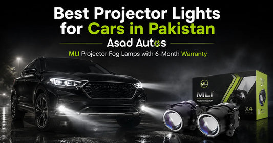 Best projector lights for cars in Pakistan featuring MLI projector fog lamps with 6-month warranty, premium SUV headlight upgrade, high-performance fog lights, and luxury automotive lighting solution by Asad Autos.