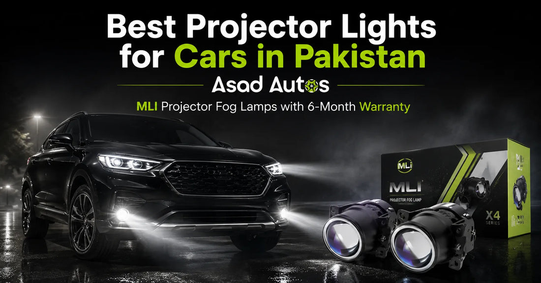 Best projector lights for cars in Pakistan featuring MLI projector fog lamps with 6-month warranty, premium SUV headlight upgrade, high-performance fog lights, and luxury automotive lighting solution by Asad Autos.