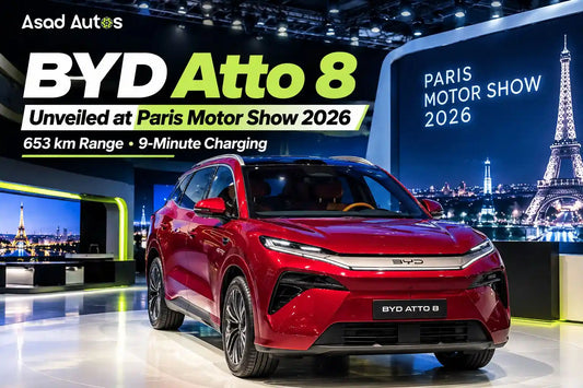 New BYD Atto 8 unveiled at Paris Motor Show 2026 with 653 km claimed range and 9-minute charging technology.