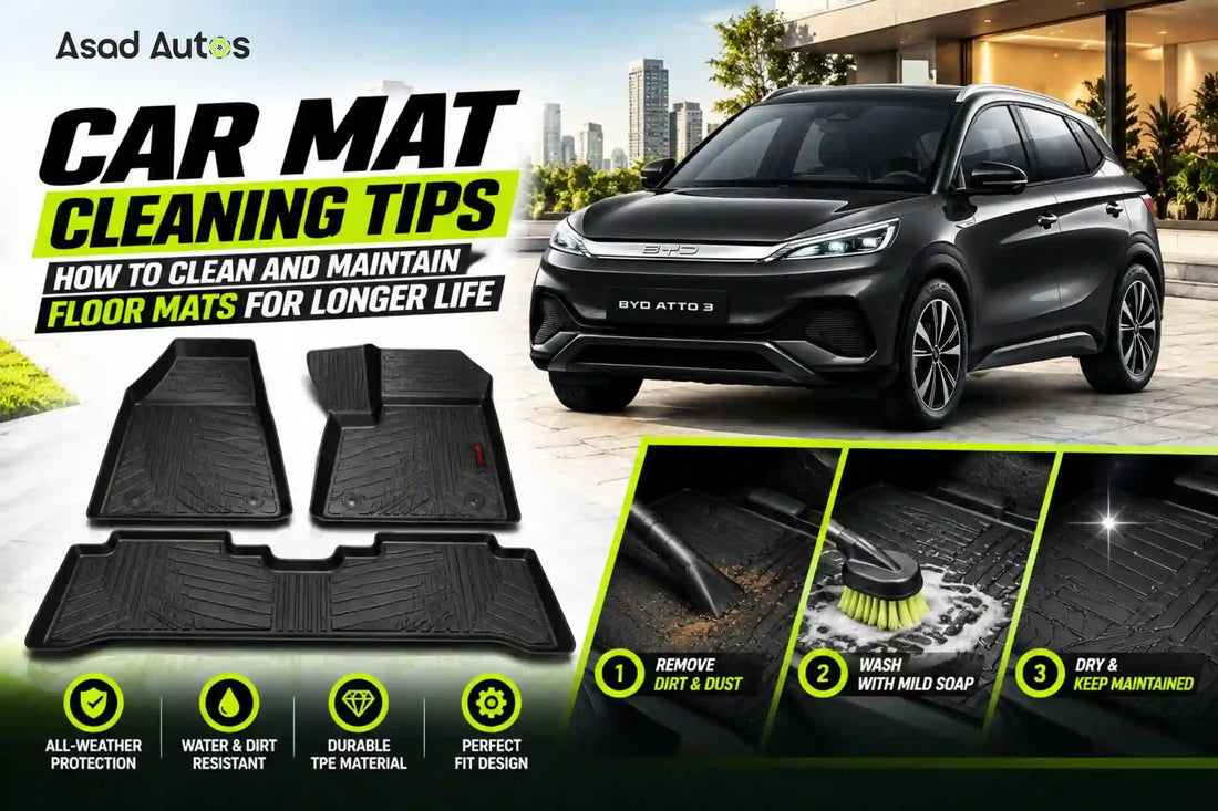 Car mat cleaning tips showing how to clean and maintain TPE, rubber and carpet floor mats for long-lasting protection – Asad Autos.
