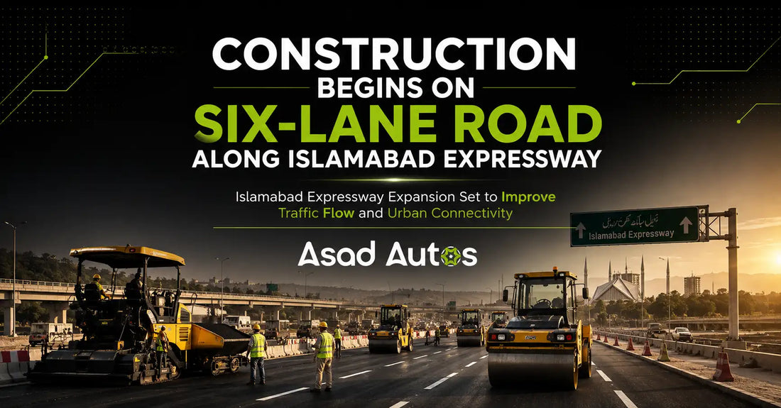 Construction begins on a new six-lane road along Islamabad Expressway with heavy construction machinery, engineers, and active road development in Islamabad, Pakistan.