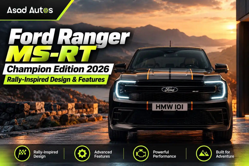 Ford Ranger MS-RT Champion Edition 2026 featuring rally-inspired styling, Agate Black paint, gold racing stripes, sporty alloy wheels and an aggressive pickup design.