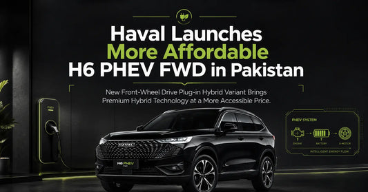 Haval Launches More Affordable H6 PHEV FWD in Pakistan feature banner showing a black Haval H6 plug-in hybrid SUV with premium automotive styling, hybrid technology graphics, and editorial headline on a dark modern background.