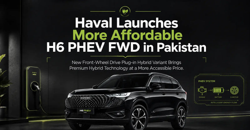 Haval Launches More Affordable H6 PHEV FWD in Pakistan feature banner showing a black Haval H6 plug-in hybrid SUV with premium automotive styling, hybrid technology graphics, and editorial headline on a dark modern background.