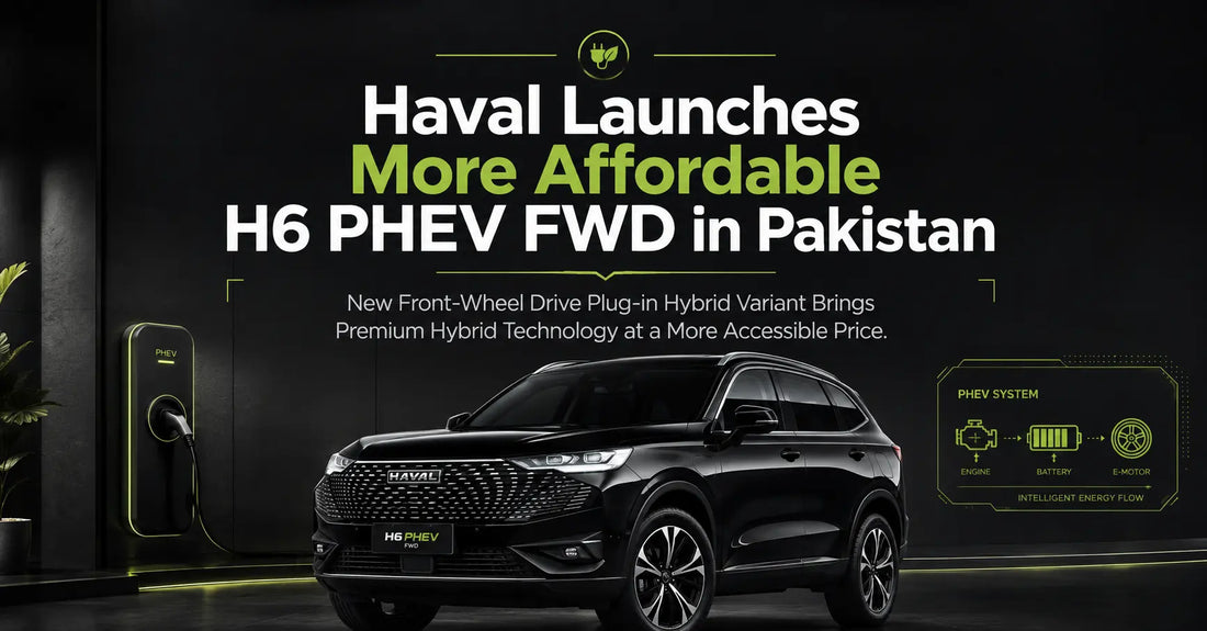 Haval Launches More Affordable H6 PHEV FWD in Pakistan feature banner showing a black Haval H6 plug-in hybrid SUV with premium automotive styling, hybrid technology graphics, and editorial headline on a dark modern background.