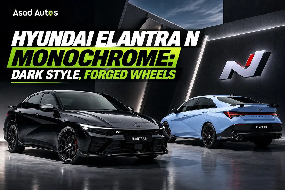 Hyundai Elantra N Monochrome featuring forged wheels, dark exterior styling and sporty Alcantara interior upgrades.