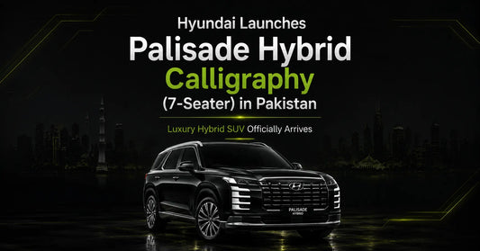 Hyundai Palisade Hybrid Calligraphy (7-Seater) launched in Pakistan, premium editorial cover image showing luxury hybrid SUV in Asad Autos black and lime design style.