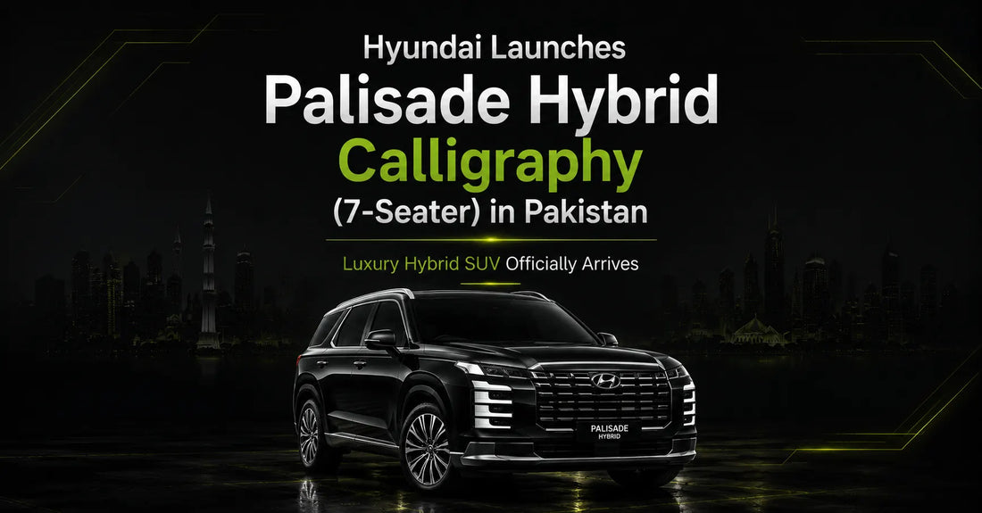 Hyundai Palisade Hybrid Calligraphy (7-Seater) launched in Pakistan, premium editorial cover image showing luxury hybrid SUV in Asad Autos black and lime design style.
