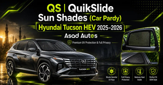 QS QuikSlide Sun Shades (Car Pardy) for Hyundai Tucson HEV 2025–2026 editorial cover image highlighting premium UV protection, privacy, heat reduction, OEM fitment, and Asad Autos luxury automotive styling.