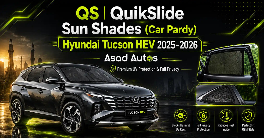 QS QuikSlide Sun Shades (Car Pardy) for Hyundai Tucson HEV 2025–2026 editorial cover image highlighting premium UV protection, privacy, heat reduction, OEM fitment, and Asad Autos luxury automotive styling.