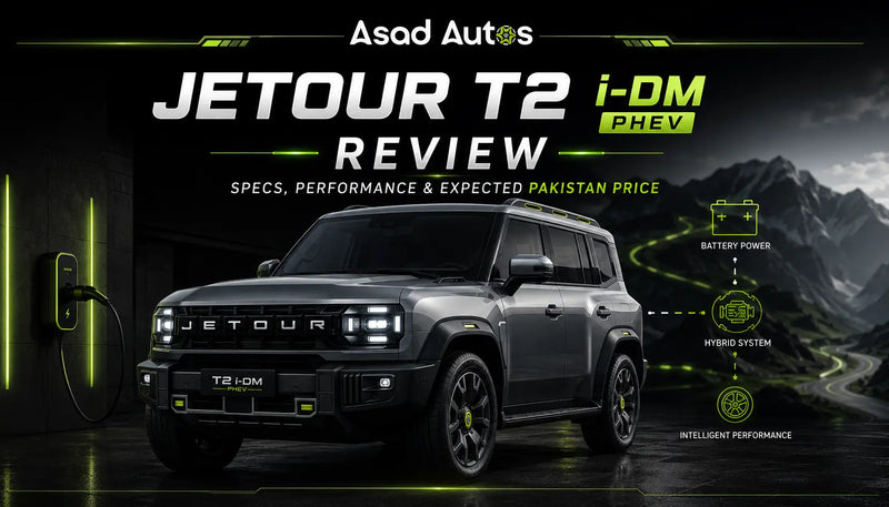 Jetour T2 i-DM PHEV SUV in a premium automotive editorial banner showcasing the front three-quarter view with modern LED headlights, rugged styling, and the title "Jetour T2 i-DM PHEV Review: Specs, Performance & Expected Pakistan Price for Asad Autos.