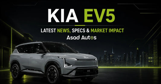 Kia EV5 electric SUV featured in an Asad Autos editorial cover discussing the latest news, specifications, technology innovations, and global market impact of Kia's newest EV.