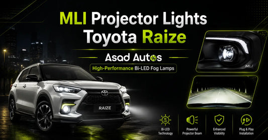 MLI Projector Lights for Toyota Raize editorial cover image highlighting high-performance Bi-LED fog lamps, powerful projector beam output, premium lighting upgrade, and Asad Autos luxury automotive styling.