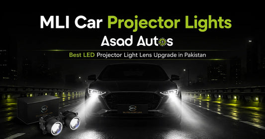 MLI car projector lights LED lens upgrade showing powerful night driving headlights in Pakistan featured by Asad Autos